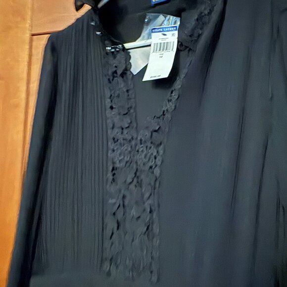 Polo Ralph Lauren Sz 14 Black Georgette Lace Trim Pleated Long Dress Chic - Picture 7 of 12